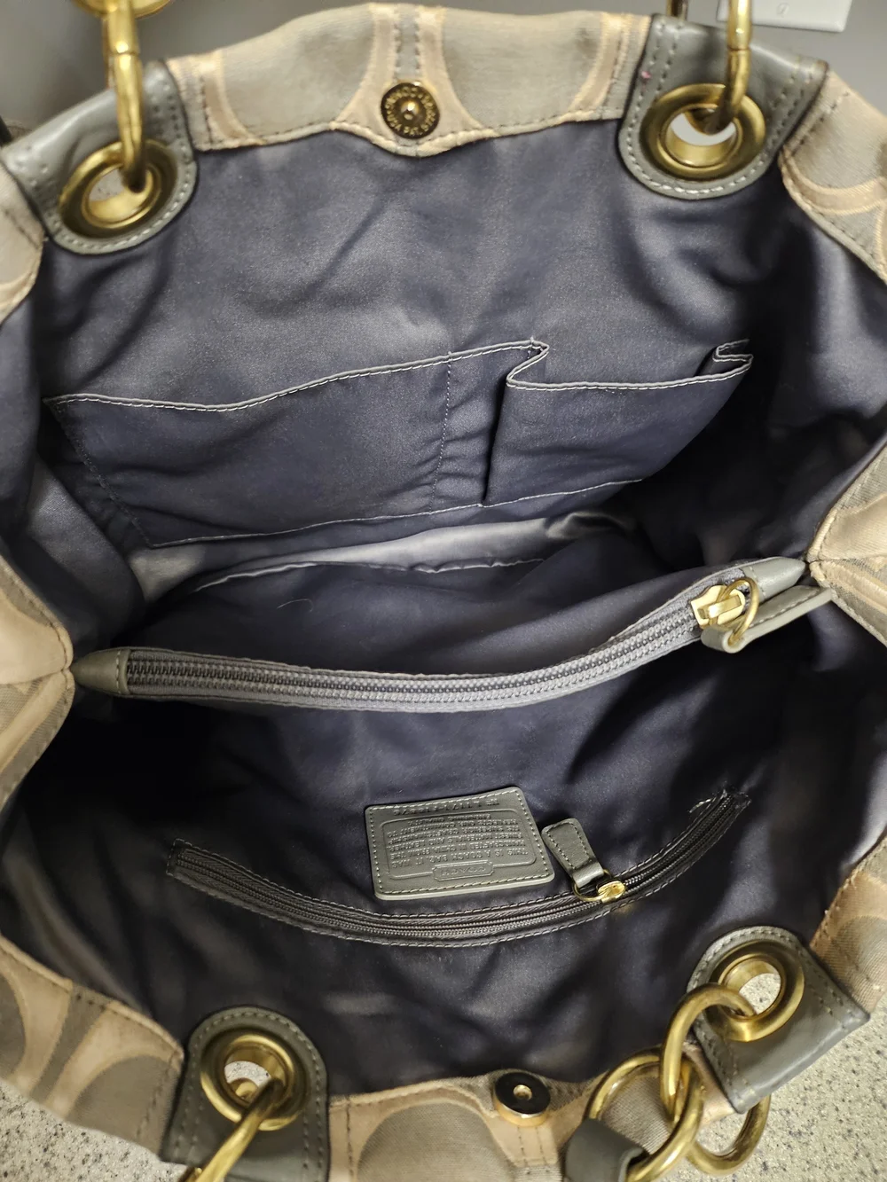 Coach Beige & Gray Signature Tote with Gold Hardware